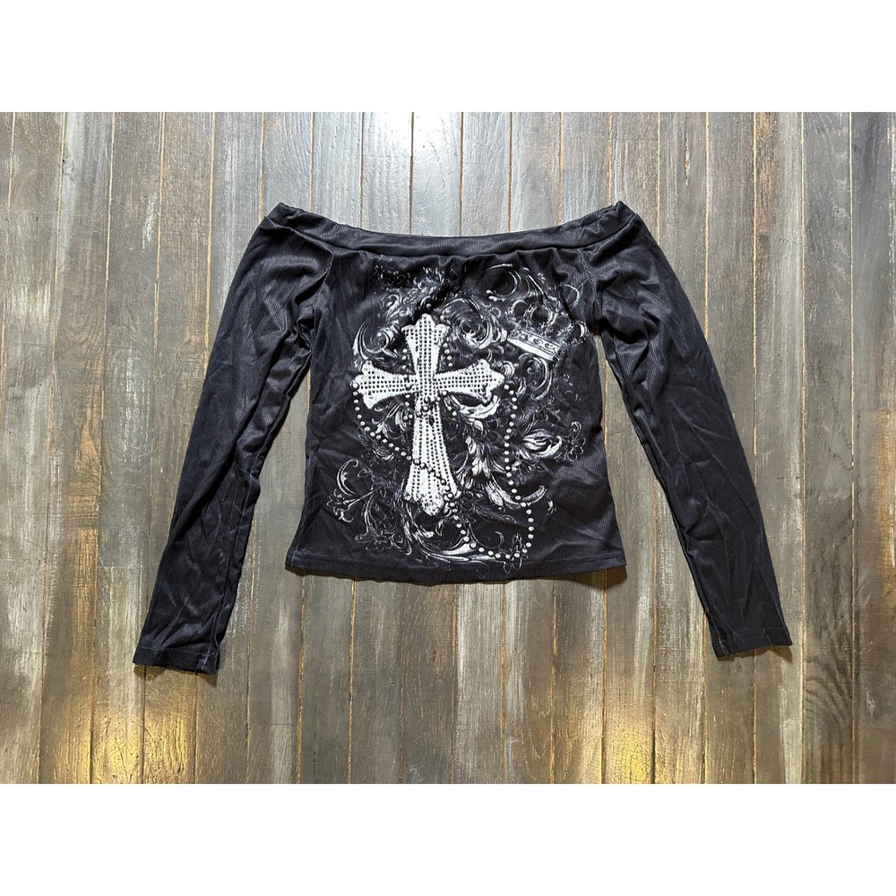 SHEIN Black Ribbed Off The Shoulder Rhinestone Cross Graphic Long Sleeve Top